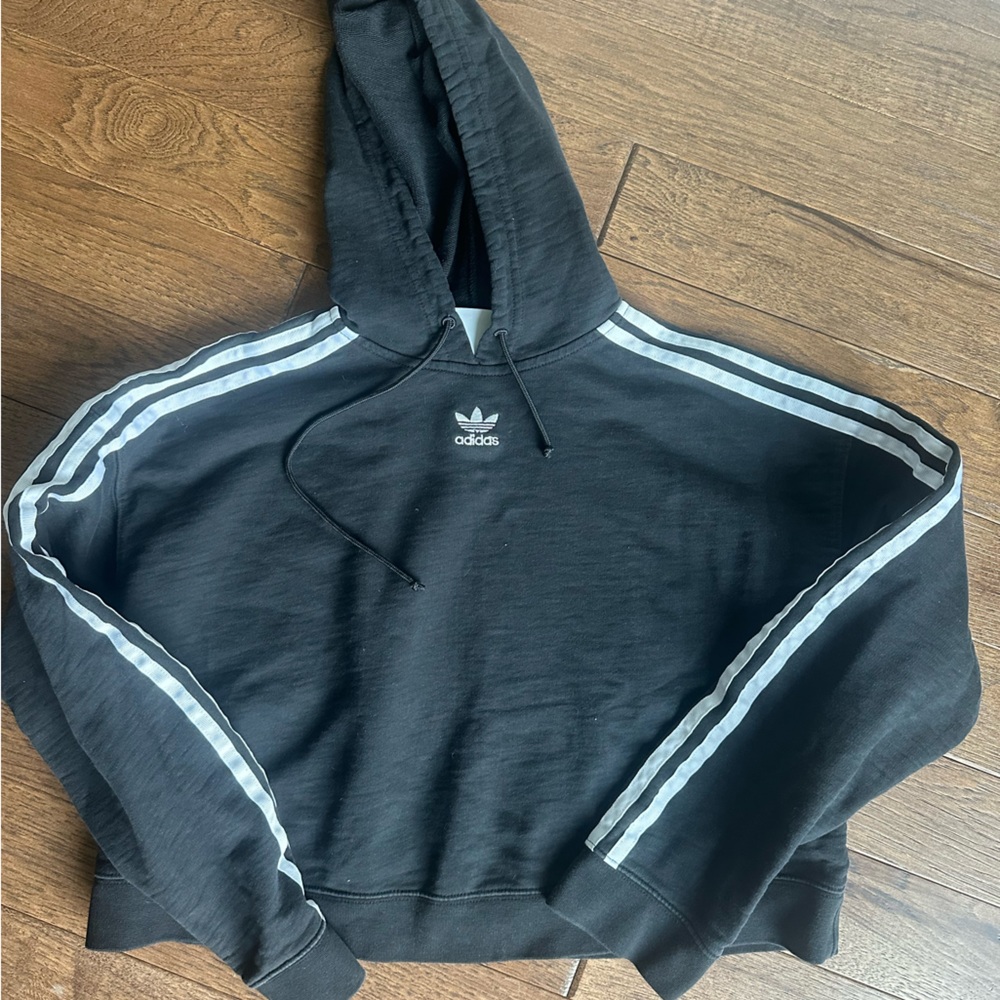 Adidas Black Hoodie with White Logo, vintage crop top.